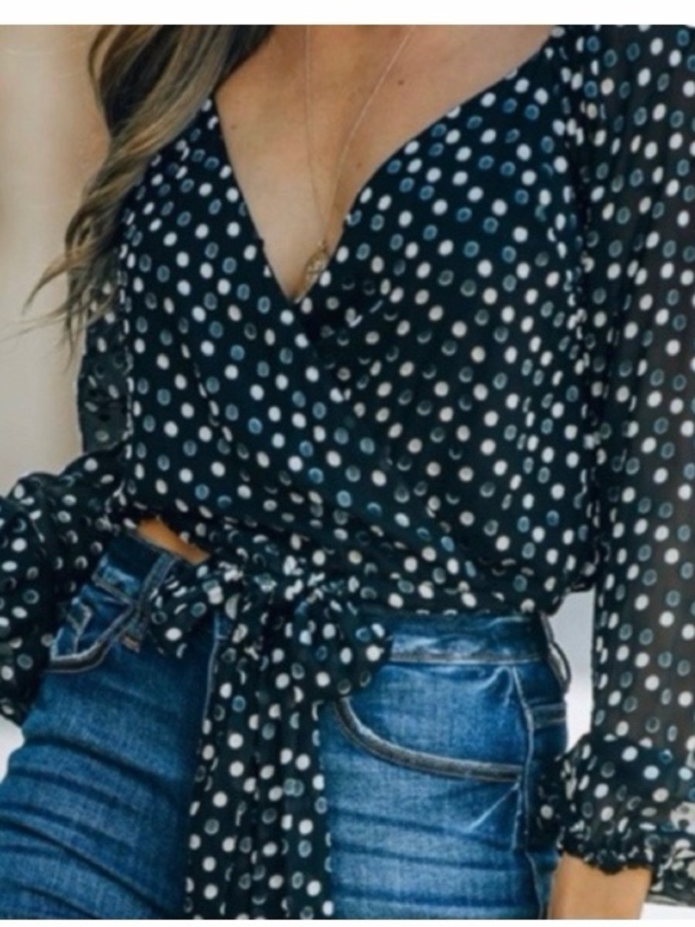 Dee Elly Polka Dot Surplice Tie Front Blouse‎